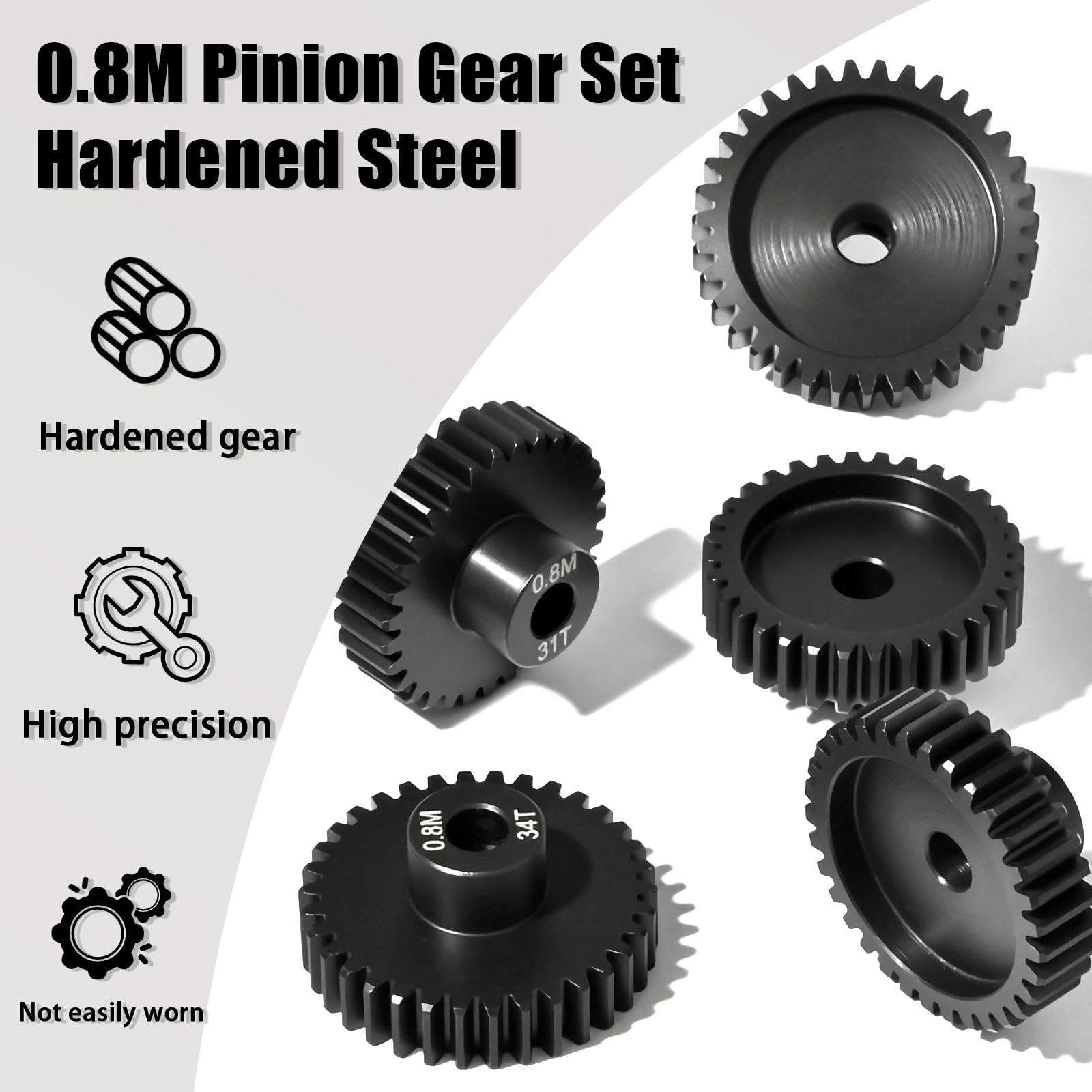 Juego de 5 engranajes de piñón de acero endurecido de 0,8 m, eje de 5 mm, eje 31T, 32T, 33T, 34T, 35T, piñón de motor con tornillo M4 y llave hexagonal, para Arrma HPI Kyosho Losi Axial Traxxas Tamiya