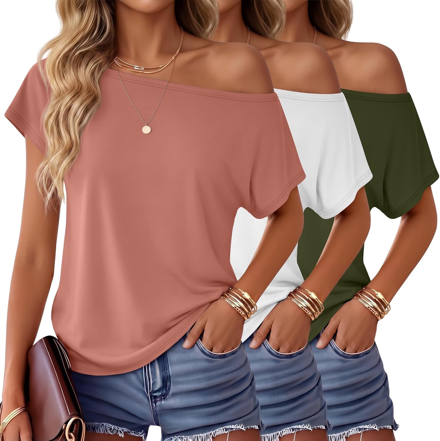 Huukeay 3 Pack Boat Neck Off The Shoulder Tops for Women, Short Sleeve Loose Shirts Causal Oversized Tunic Basic Tees