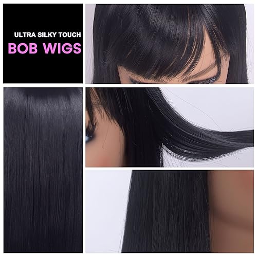 Miniatura 5 de LINGDORA Peluca Bob negra para mujer, pelucas de cabello corto lacio natural de 14 pulgadas con flequillo plano, fibra sintética sedosa resistente