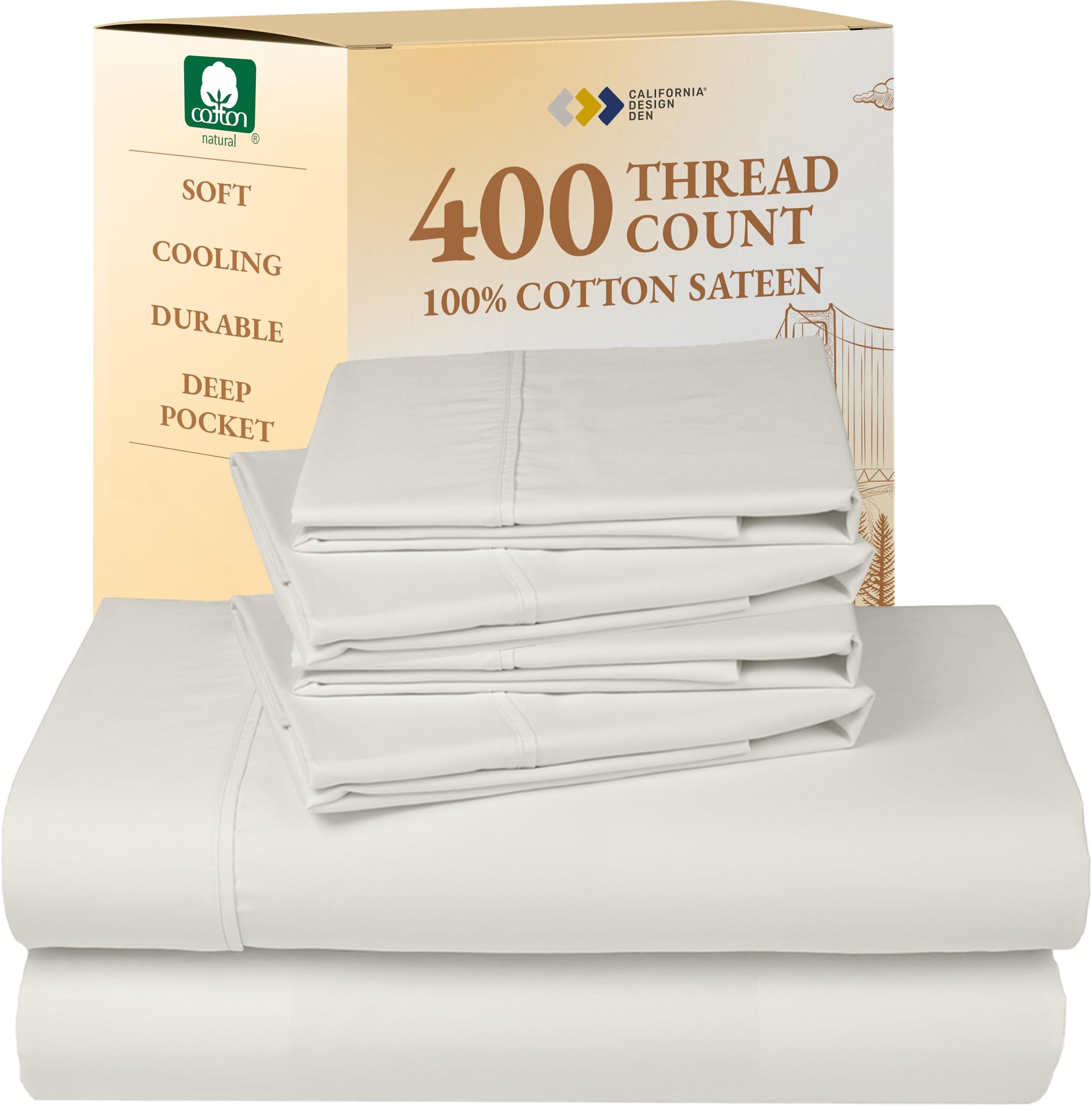 California Design Den 6-Pc King Size Sheet Set with 4 Pillowcases - Soft 400 Thread Count 100% Cotton Sheets, Sateen Weave, Deep Pocket Bedsheets Set - Ivory (Pale Tone)