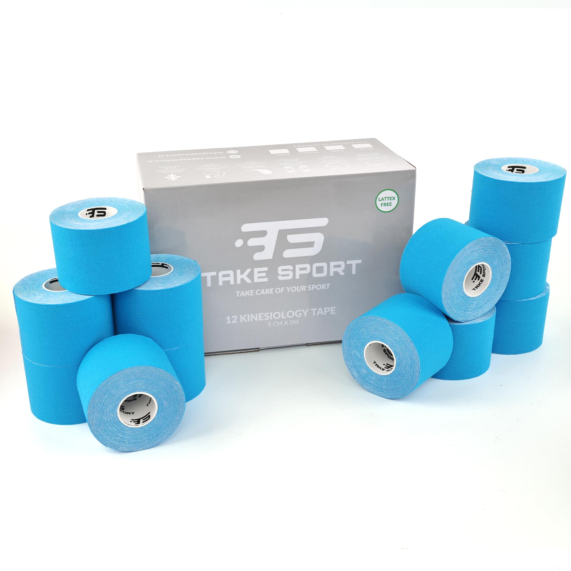 TAKE SPORT, Kinesio, Kinesio tape, Nastro kinesiologico, Tape kinesiologico, Kinesio taping. 6-12 rotoli, 5 x 5m, 95% Cotone 5% Spandex, elastico. (12 Blu)