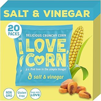 LOVE CORN Salt & Vinegar | Delicious Crunchy Corn Snacks | .07oz x 20 Gluten Free, Vegan Bags | Convenient for Lunch Boxes, Commuting & Office Snacks