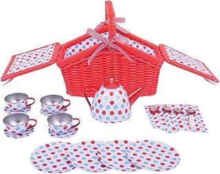 Bigjigs Toys Colourful Spotted Tea Set and Carry Basket - Pretend Role Play