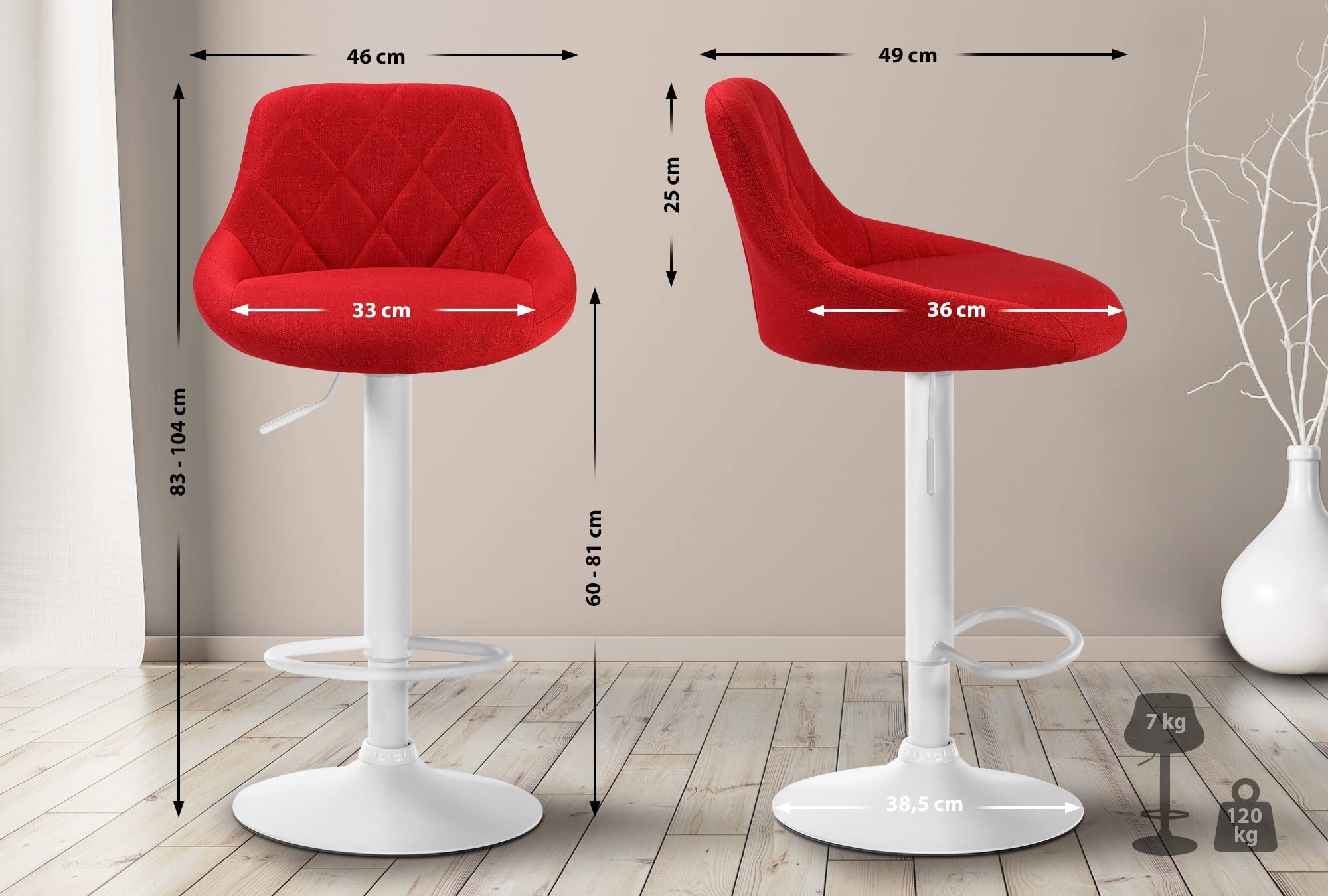 CLP Sgabello Design Lazio In Stoffa I Sedia Cucina Girevole E Regolabile 83-104 CM Con Poggiapiedi I Sgabello Bar Imbottito | Colore rosso Colore del telaio bianco