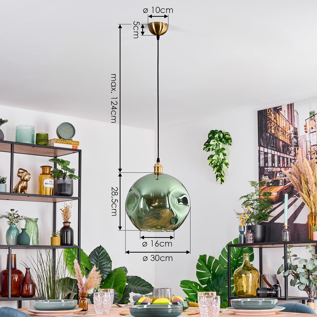 HOFSTEIN Hängeleuchte Ripoll, 1-flammige Hängelampe aus Metall/Glas in Goldfarben/Grün, moderne Pendelleuchte im Retro/Vintage-Design (Schirm 30 cm), E27, Esszimmer, Küche, Wohnzimmer, Flur