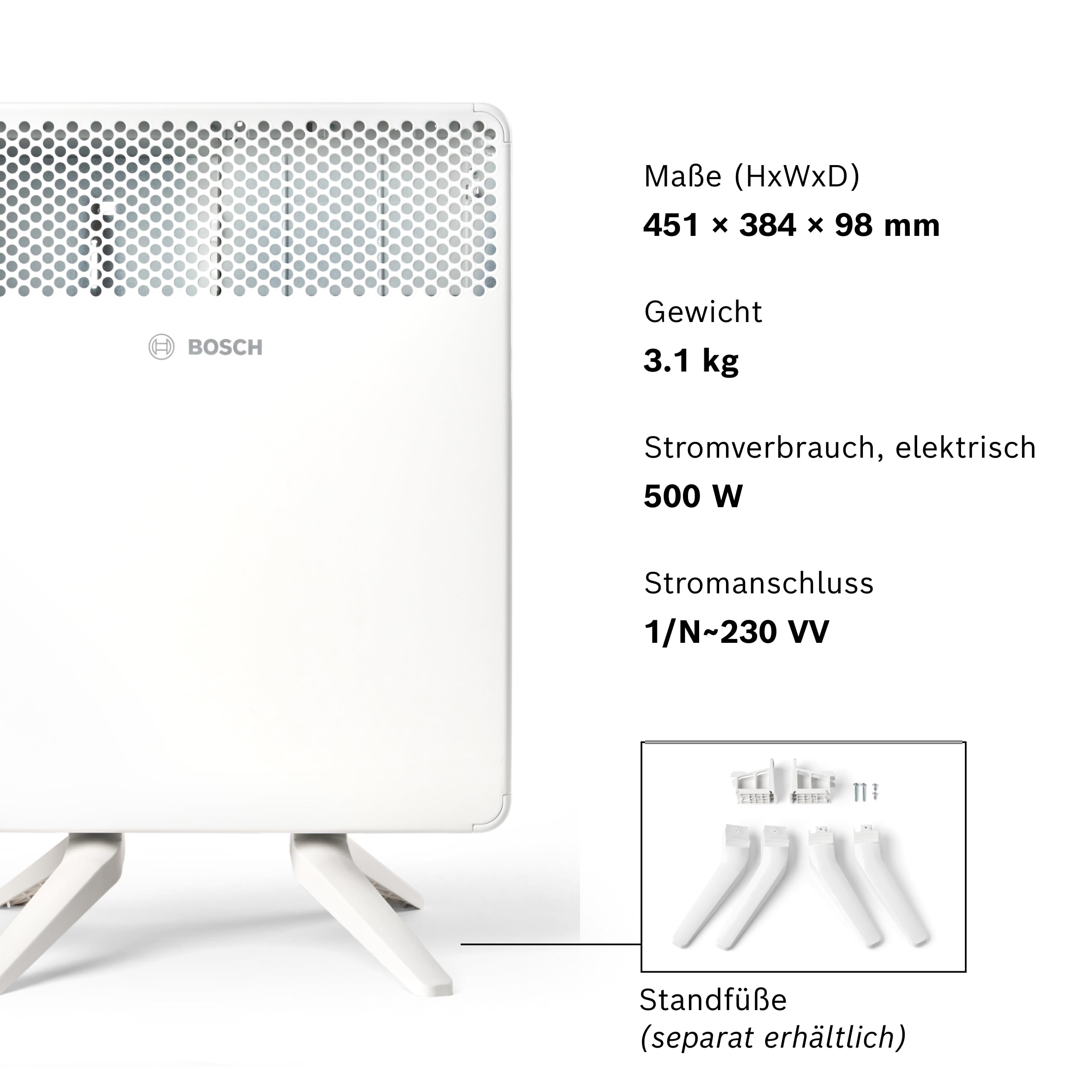 Bosch Heat Convector 4000-5 Elektrischer Konvektor, 500 W | Für Räume bis ca. 5 m², Elektroheizung mit Elektronischem Regler, LED-Anzeige, Wochenprogramm und Spritzwasserschutz