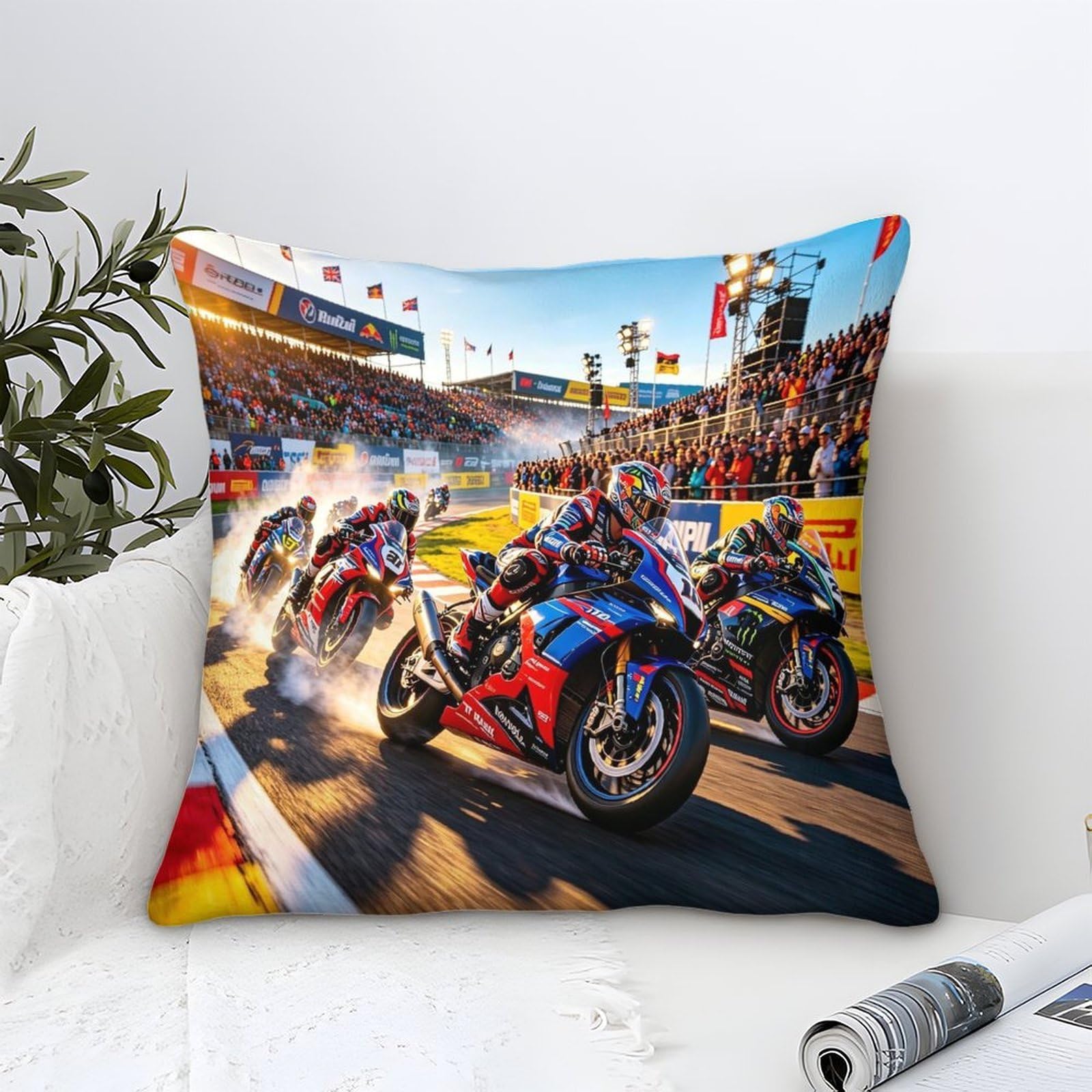 Xiaopangxy Motor Road Racing Motorcycle Race Cushion Cover 40X40cm Throw Pillow Cover For Couch Sofa Home Decor, Microfiber