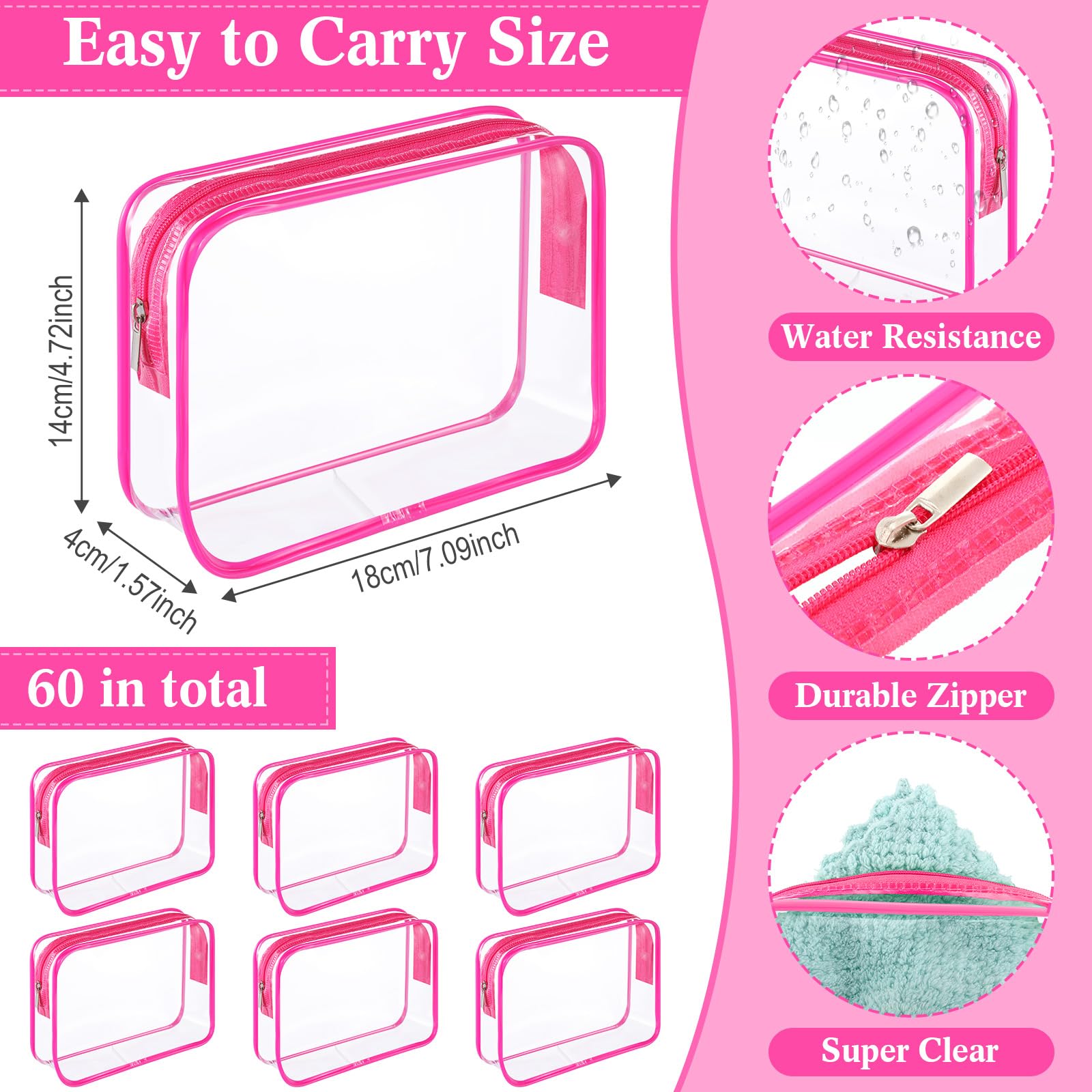 Lot de 60 Sacs de Toilette Transparents approuvés par la TSA - Sac de Maquillage en Vrac - Sac de Voyage - Aéroport - Sac Compact pour Femmes et Hommes