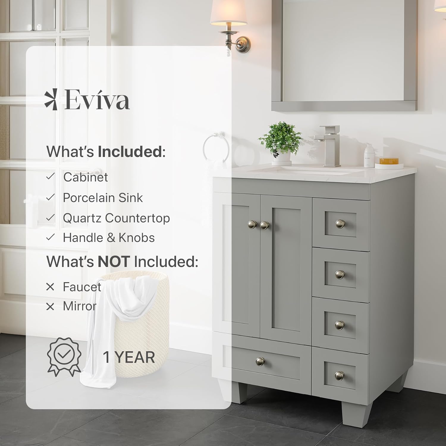 Eviva Acclaim 24 in. Gray Single Sink Bath Vanity with Carrara Quartz Top and Undermount Porcelain Sink