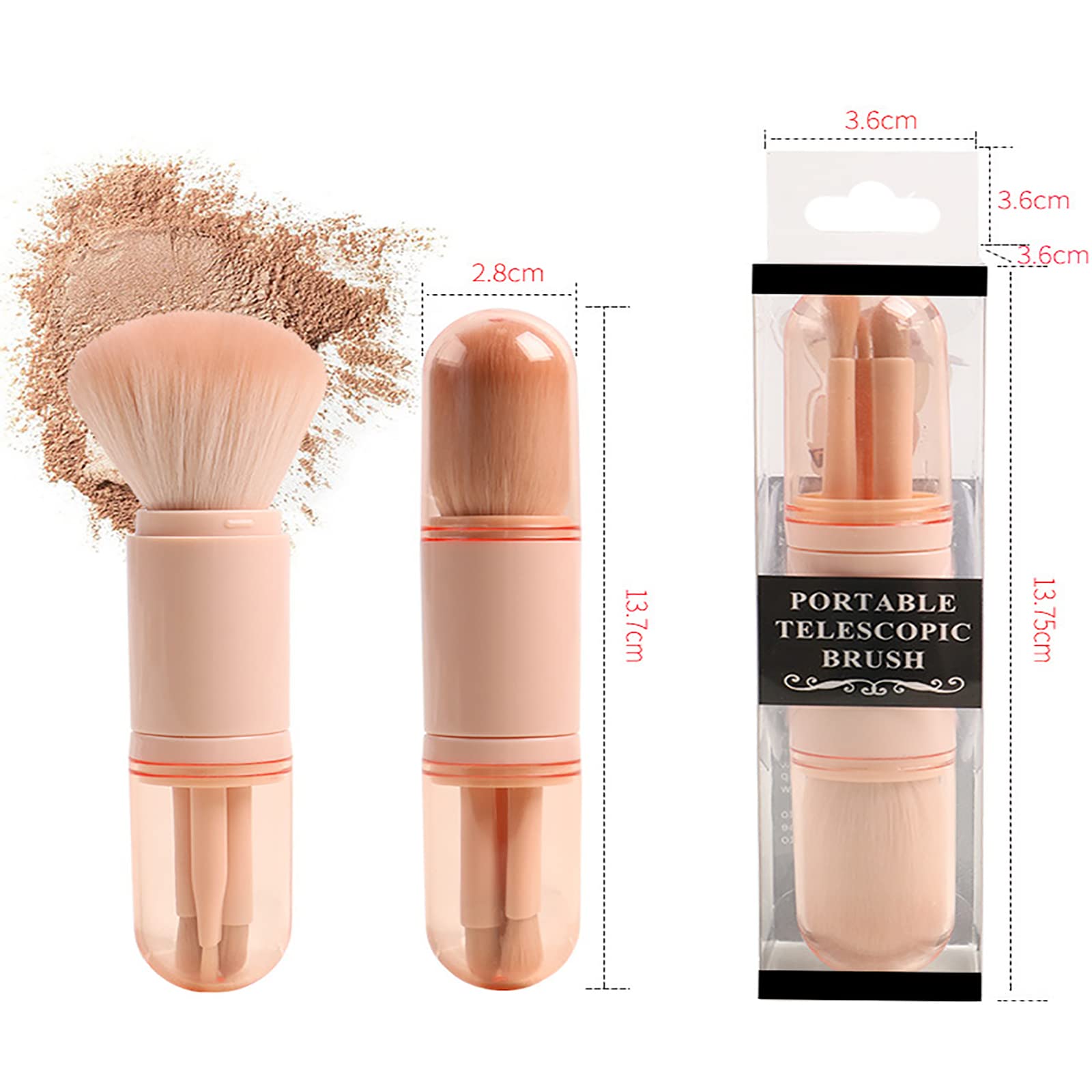 Pennello per Il Trucco, 4 in 1 Pennello Portatile da Viaggio Retrattile per Viso, Fard, Correttore, Ombretto Pennello per Fondotinta Cosmetici di Bellezza