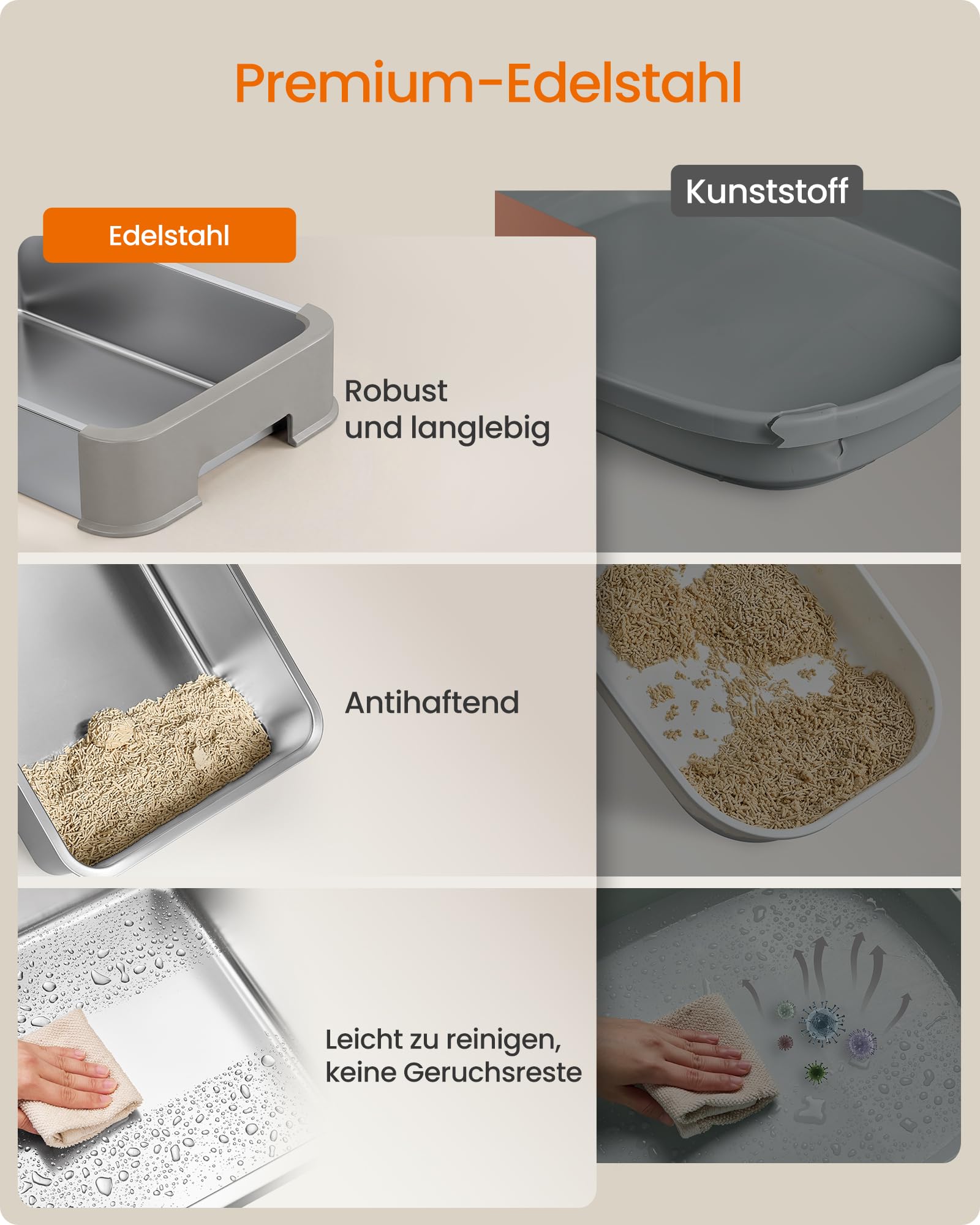 Feandrea Katzenklo Edelstahl, mit Schublade, 2 Eingänge