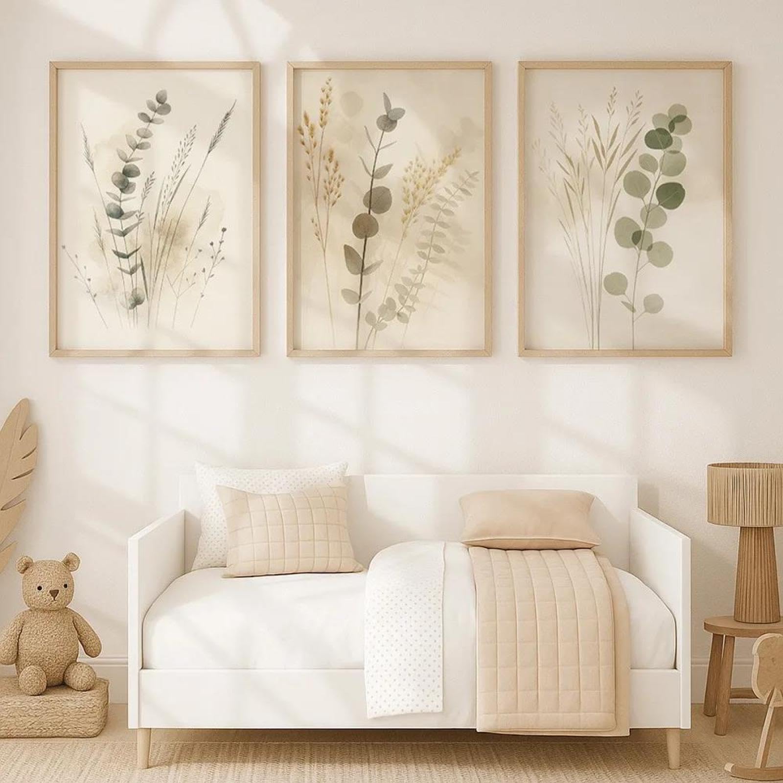 Baibexing Zielony i beżowy minimalistyczny plakat przedstawiający roślinę, wydrukowany na płótnie, idealny do dekoracji salonu i domu. 60 x 80 cm x 3 szt. bez ramki