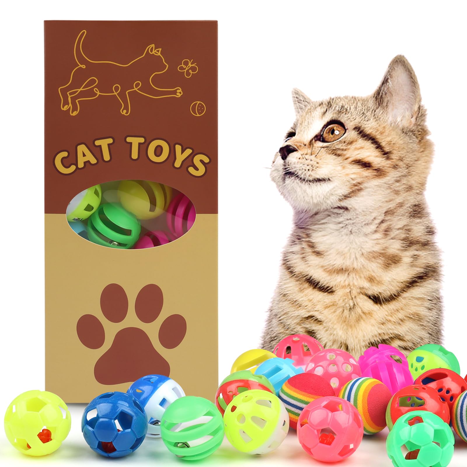 QUOZUO 24pcs Value Pack Plastic Ball Cat Toys Lattice Balls with Bell Jingle Kitten Toy Rainbow Ball, Gift Box Styles