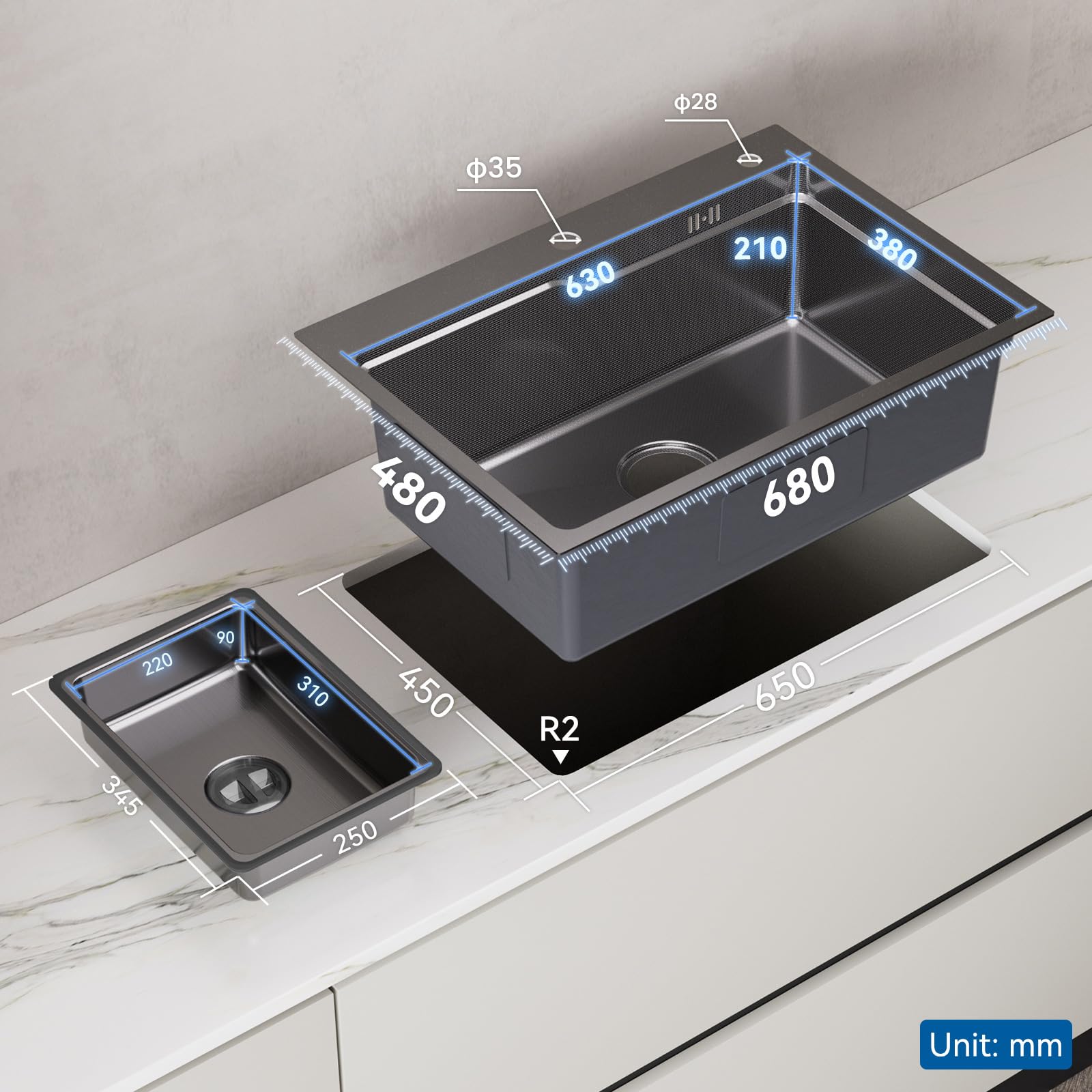 CECIPA Fregadero negro 68 × 48 cm de acero inoxidable, fregadero empotrable para encimeras a partir de 80 cm, con sifón, rebosadero y desagüe, con orificio para grifo | EVA - Fregadero de cocina con sifón y sistema de evacuación para armarios (70 cm) o má
