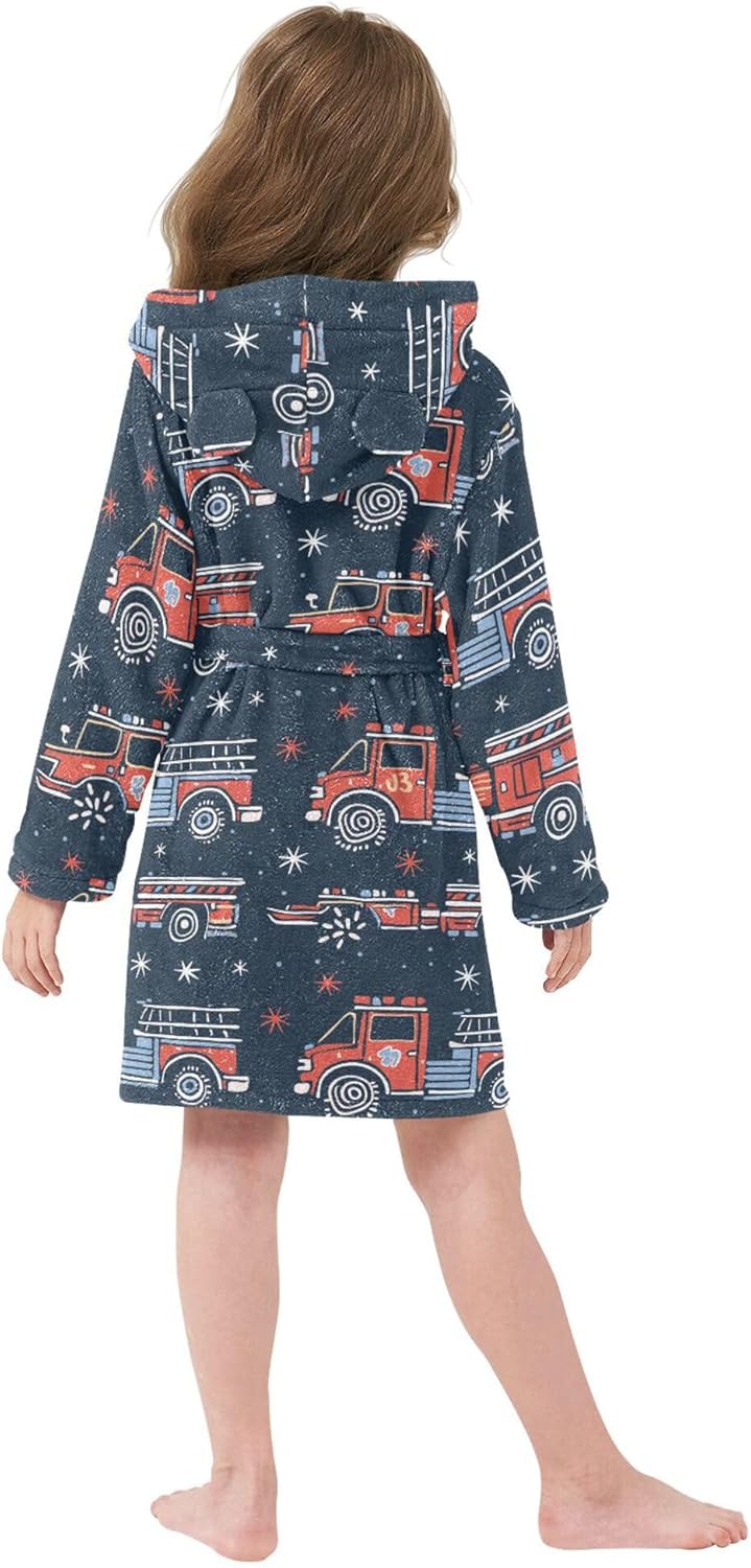 Fire Trucks Cars Blue Bathrobe Hooded PJ Robe Plush Fleece Robe Pajama Sleepwear 2-12 Years