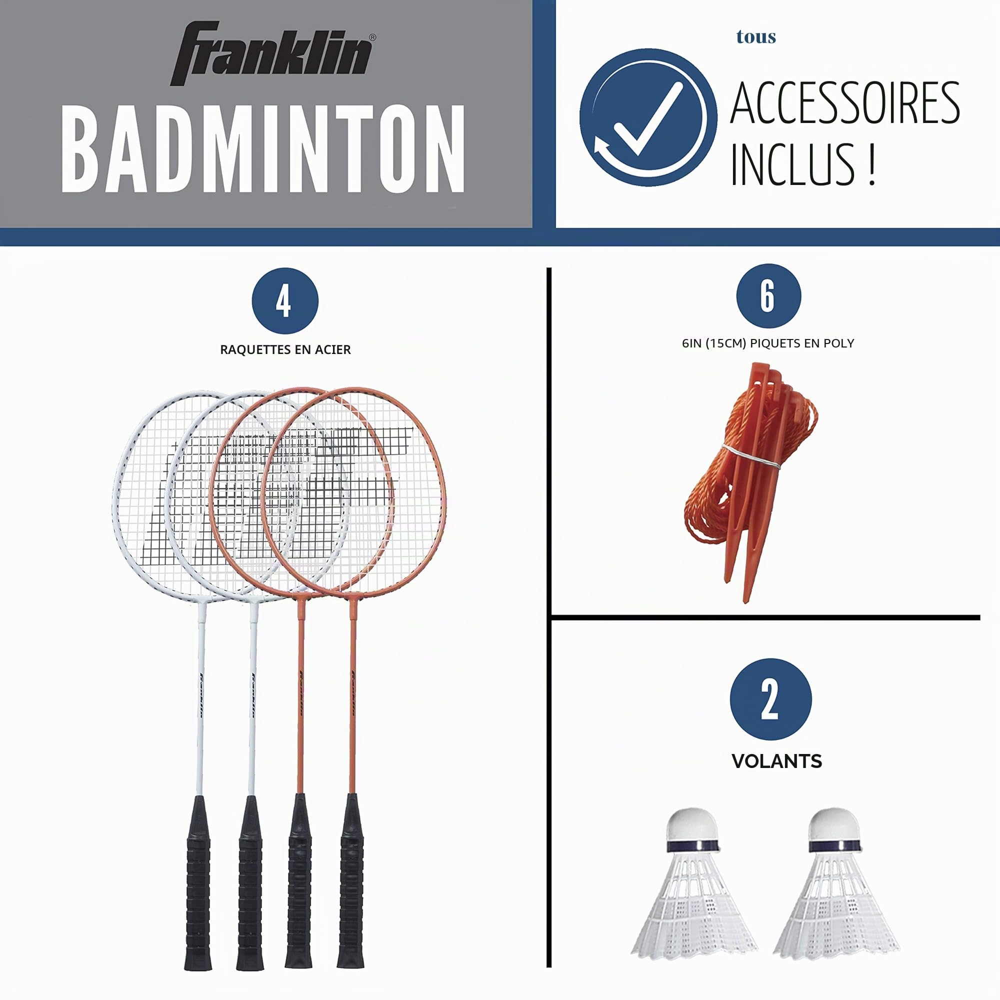 Franklin Sports Ensemble de Filet de Badminton – Jardin extérieur + Filet de Badminton de Plage + équipement – (4) Raquettes + (2) Oiseaux + Filet Portable Inclus – Ensemble Adultes et Enfants