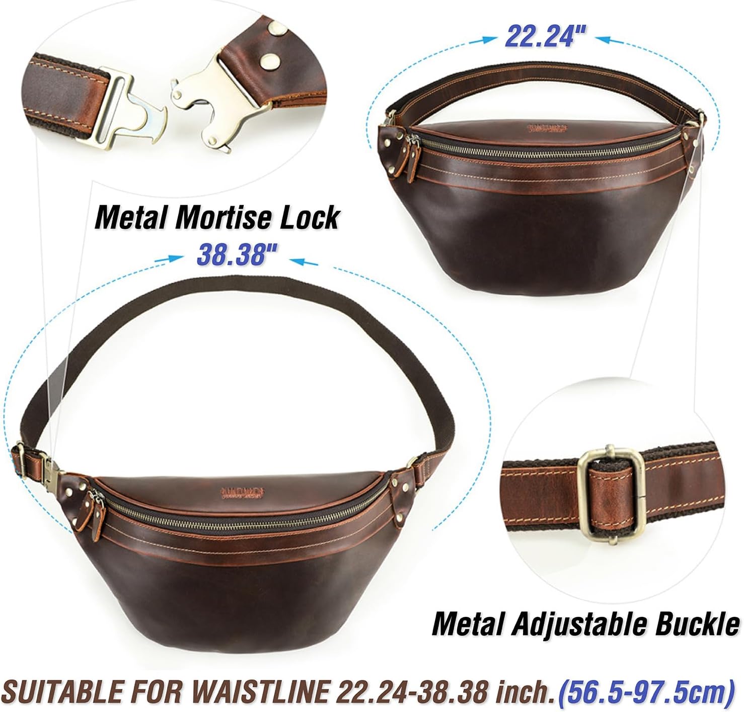 Top Grain Genuine Leather Slim Fanny Pack for Man & Woman, Minimalist Vintage Design, Handmade with Detachable Hardware, Slim Waist Pack Large Crossbody Belt Bag for Traveling or Riding, Coffee - Image 6
