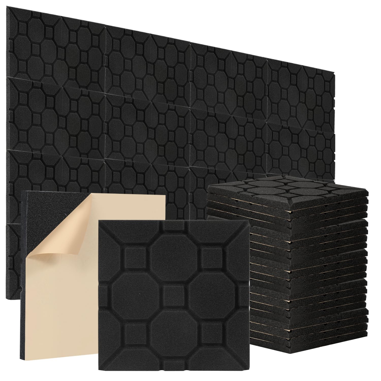 72er Akustikschaumstoff Akustikpaneele Selbstklebend 30x30x2.5cm Schalldämmung Absorption von Echos,Schallschutz für Haus und Studio,Gaming Deko,Podcasts,Schwarz Polygon