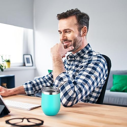 Miniatura 7 de Vaso de vino aislado de 12 onzas con tapa y popote, vaso de vino de acero inoxidable sin tallo de doble pared al vacío para café, champaña, oficina