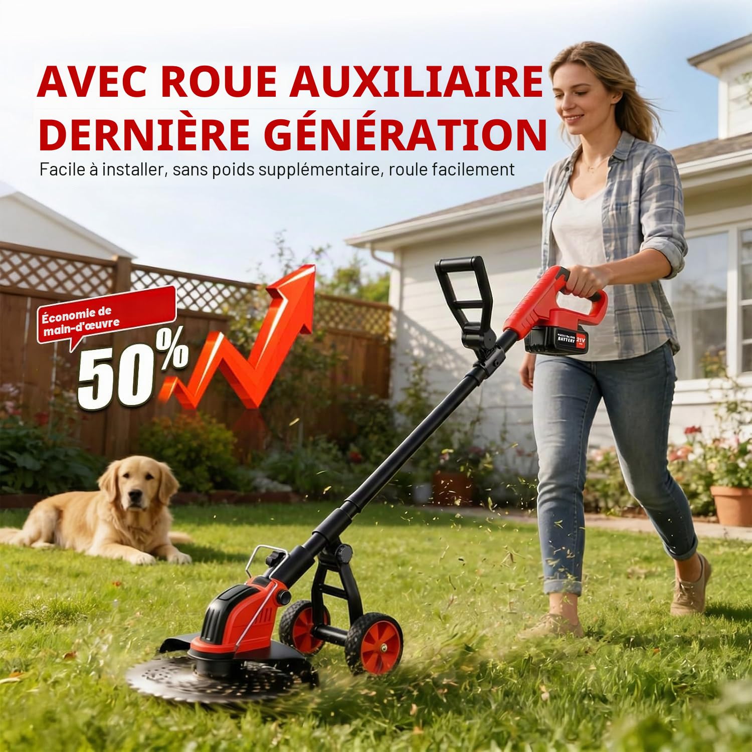 Débroussailleuse Electrique sans Fil 12", Coupe-Bordure Électrique sur Batterie 2×21V 3.0Ah avec Roues, 4 Types Lames Interchangeables, Tondeuse Multifonction 4-en-1 Dresse-Bordures pour Jardin