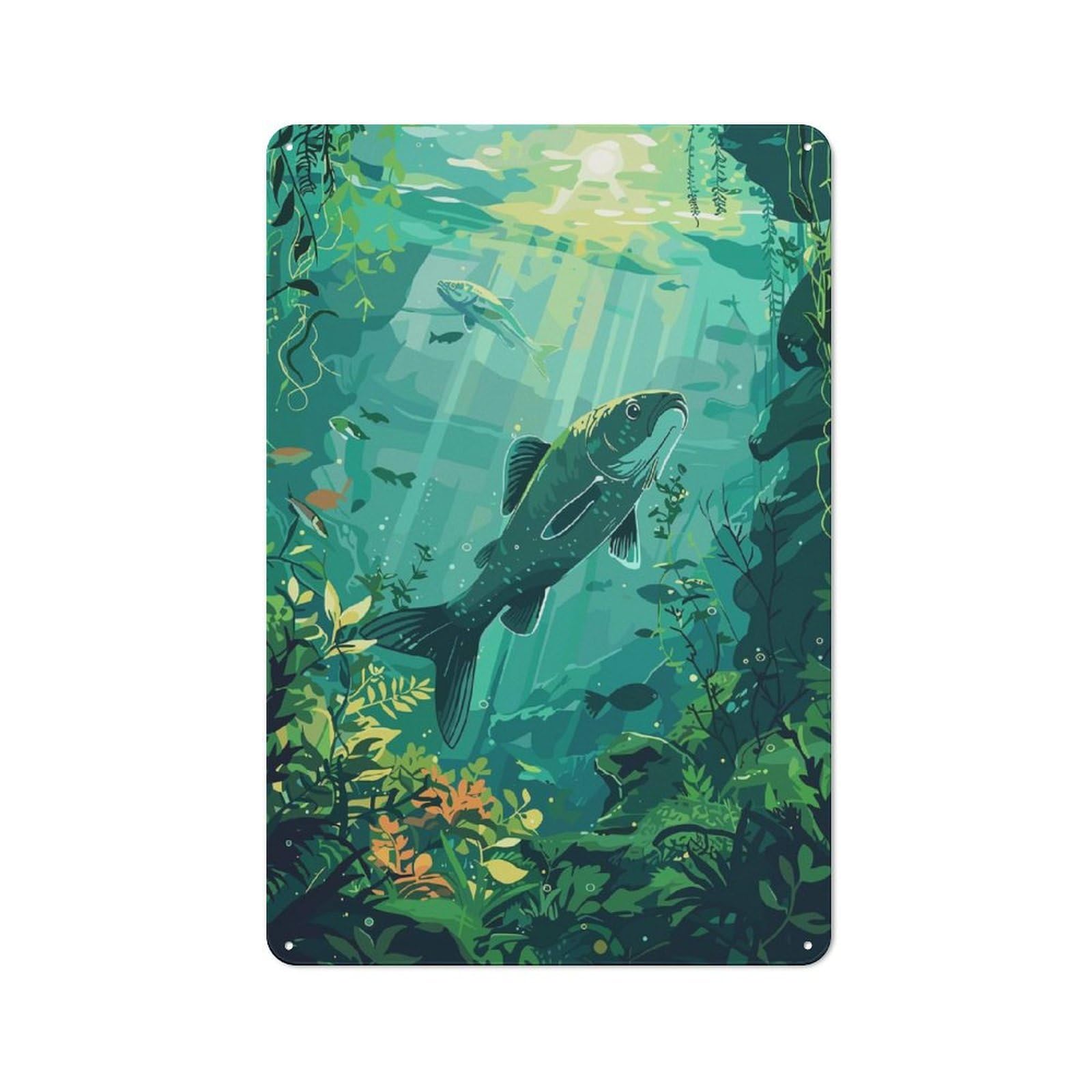Junmoney Style-14 Tin Wall Plaque 30X20cm With Underwater Fish Scene For Guest Room Or Hallway, For Garage, Workshop And Man Cave Decoration