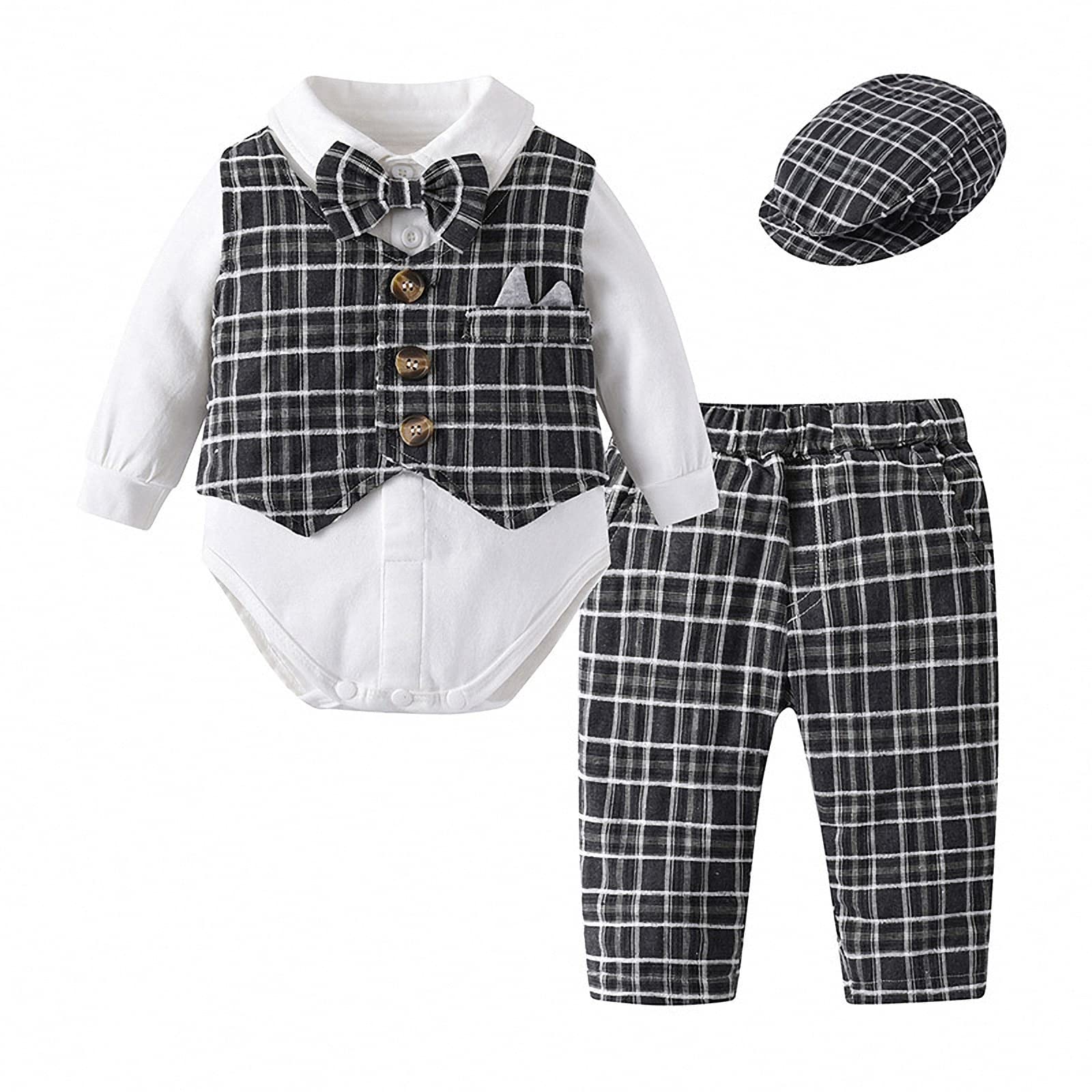 Anzug Set für Jungen, frühlings und Herbst Baby Retro British Style-Herren Fliege mit baskenmütze, Kinder Plaid neugeborenen Langarm Weste