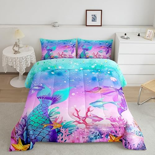 Erosebridal Juego de edredón de sirena tamaño individual para niñas, juego de ropa de cama de galaxia rosa, juegos de ropa de cama y colecciones del
