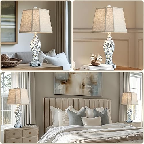 Miniatura 7 de Juego de 2 lámparas de mesa de granja de 25 pulgadas para sala de estar, dormitorio, 2 puertos USB, lámpara de mesa rústica vintage con luz