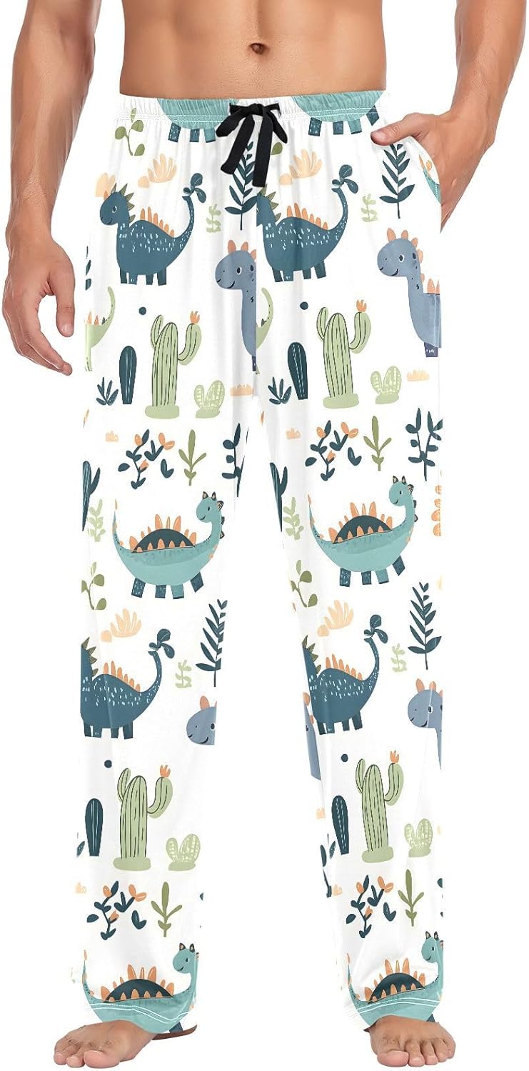 ALAZA Cactus Dinosaur Dino Men's Pajama Pants Men Cotton Pajama Bottoms with Pockets, S