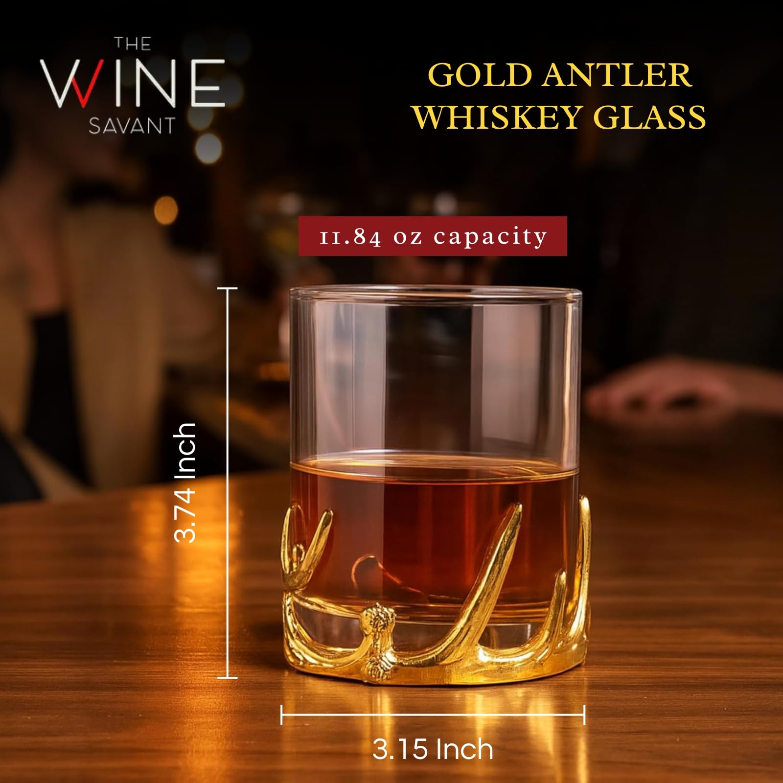 Verre à whisky double en bois doré à l'ancienne, 355,7 g, gobelet DOF avec base décorative, verrerie lourde pour bourbon, cocktails, bar rustique, décoration occidentale, cadeau unique pour lui ou