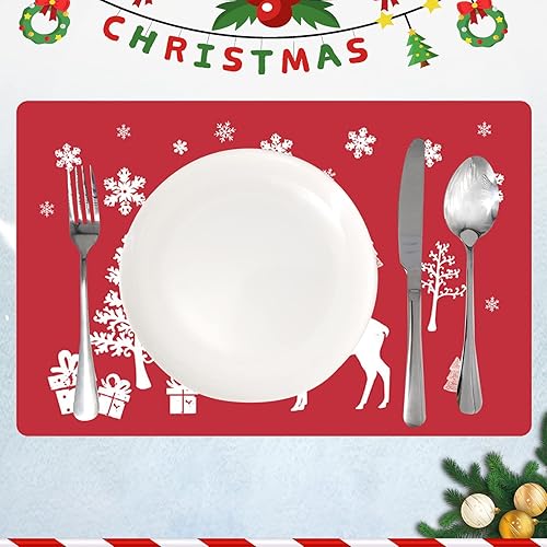 Miniatura 4 de Juego de 6 manteles individuales de alce de Navidad, diseño de árbol de Navidad, diseño de árbol de Navidad, color rojo, para interiores y
