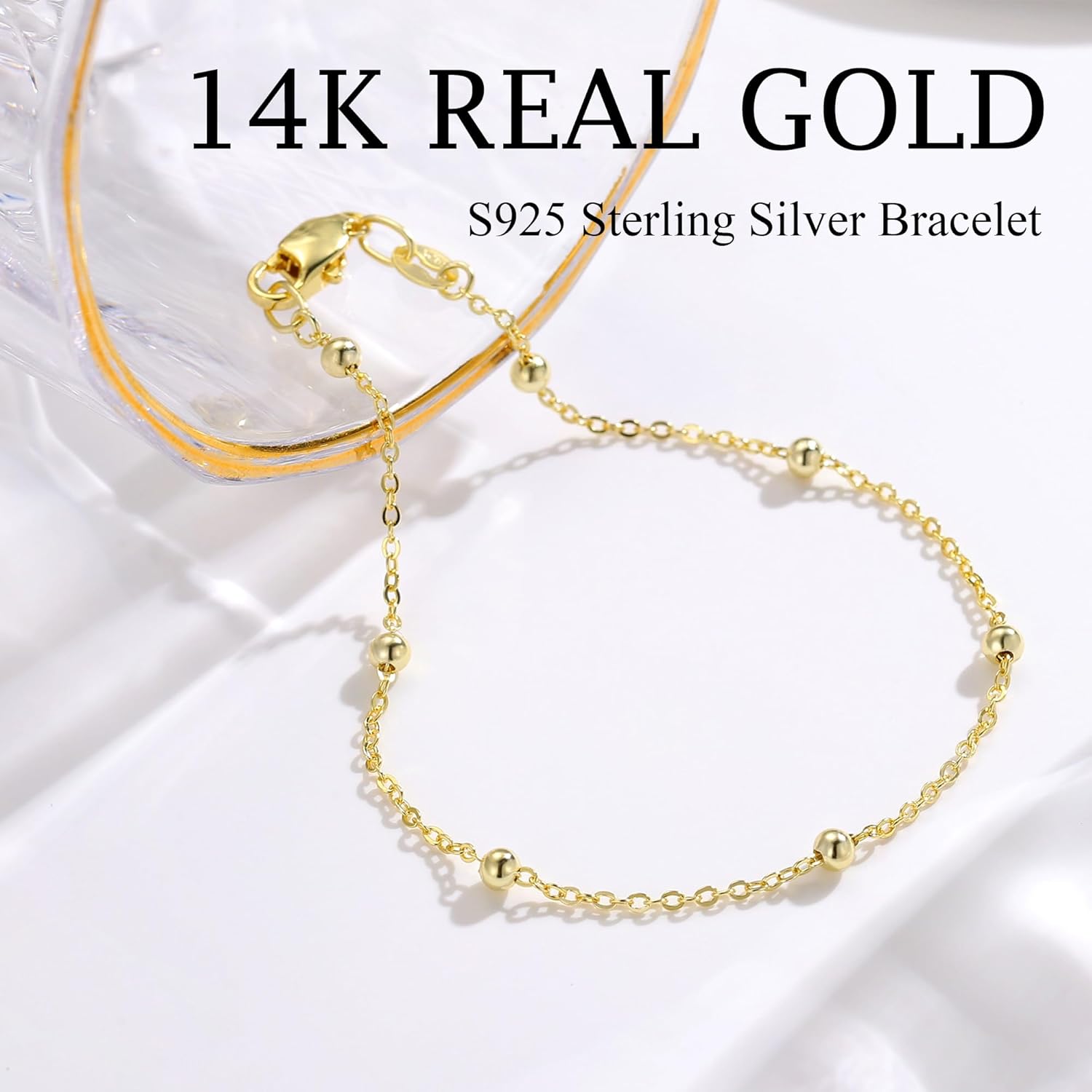 IEFWELL S925 Sterling Silver Bracelet for Women - Solid 14K-Real-Gold-Plated Satellite Bead Chain Bracelet, 6.5/7/7.5/8/8.5/9 Inches Sterling Silver Chain Bracelets Jewelry Valentines Gifts for Women - Image 4