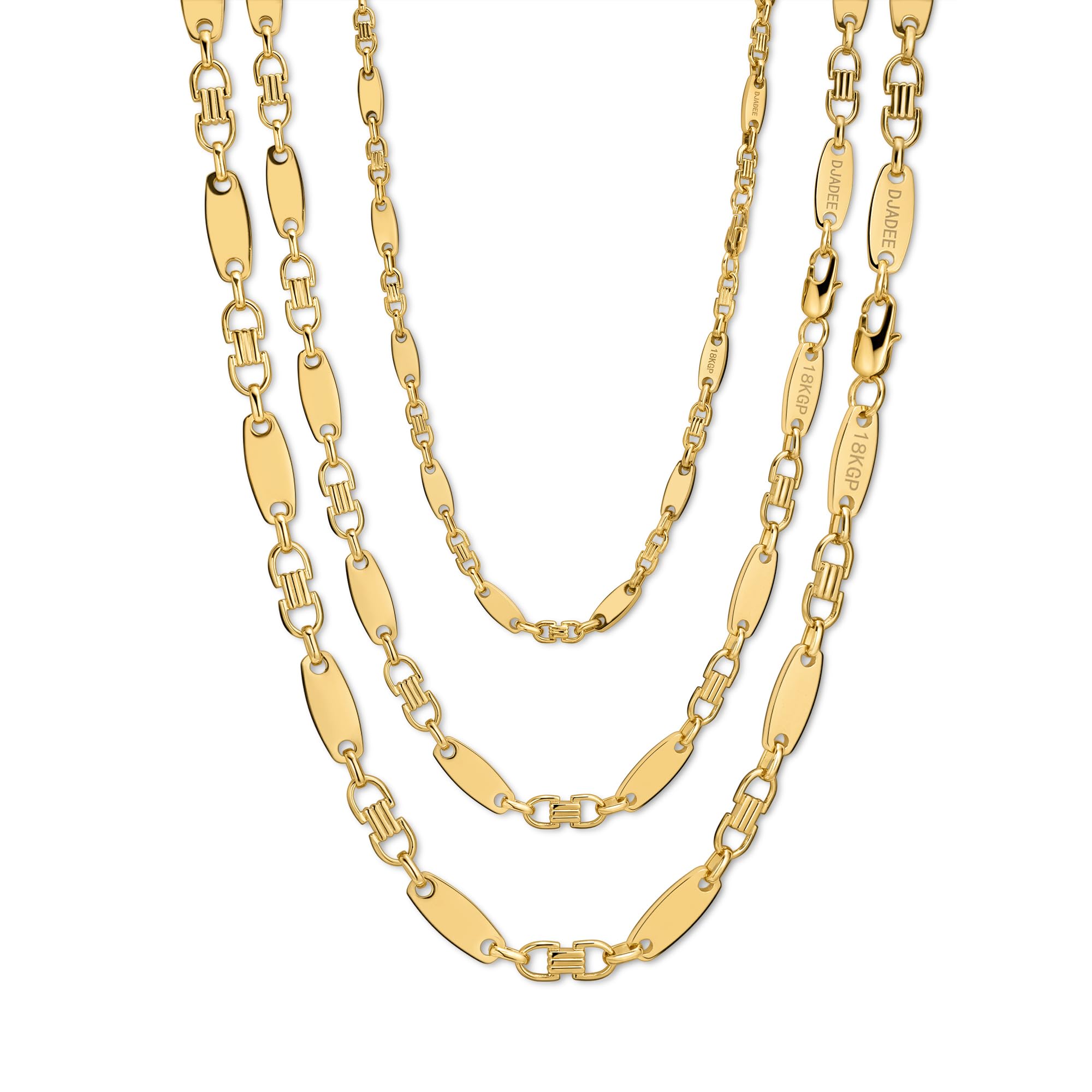 DJADEE Herren Kette Gold 750 vergoldet Premium Edelstahl 316L Plattenkette 5/8/10/12 mm Wasserfest Hypoallergen Hochglanzpoliert Geschenk für Männer Halskette Steigbügelkette 18 Karat gestempelt