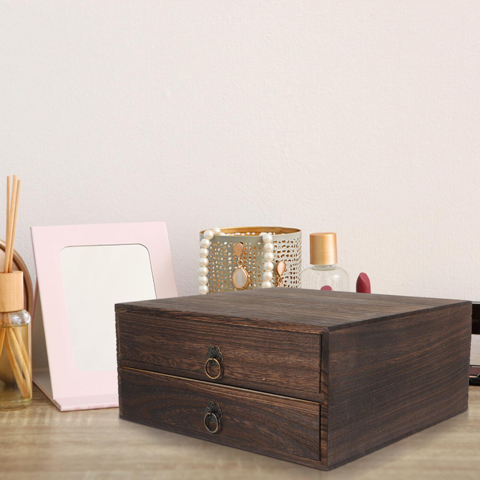 Garneck Boîte Tiroir en Bois Marron Vintage à 2 Niveaux, Boîte de Rangement à Tiroirs Solide et Empilable pour Articles Divers Design Fonctionnel et Capacité de Charge Élevée