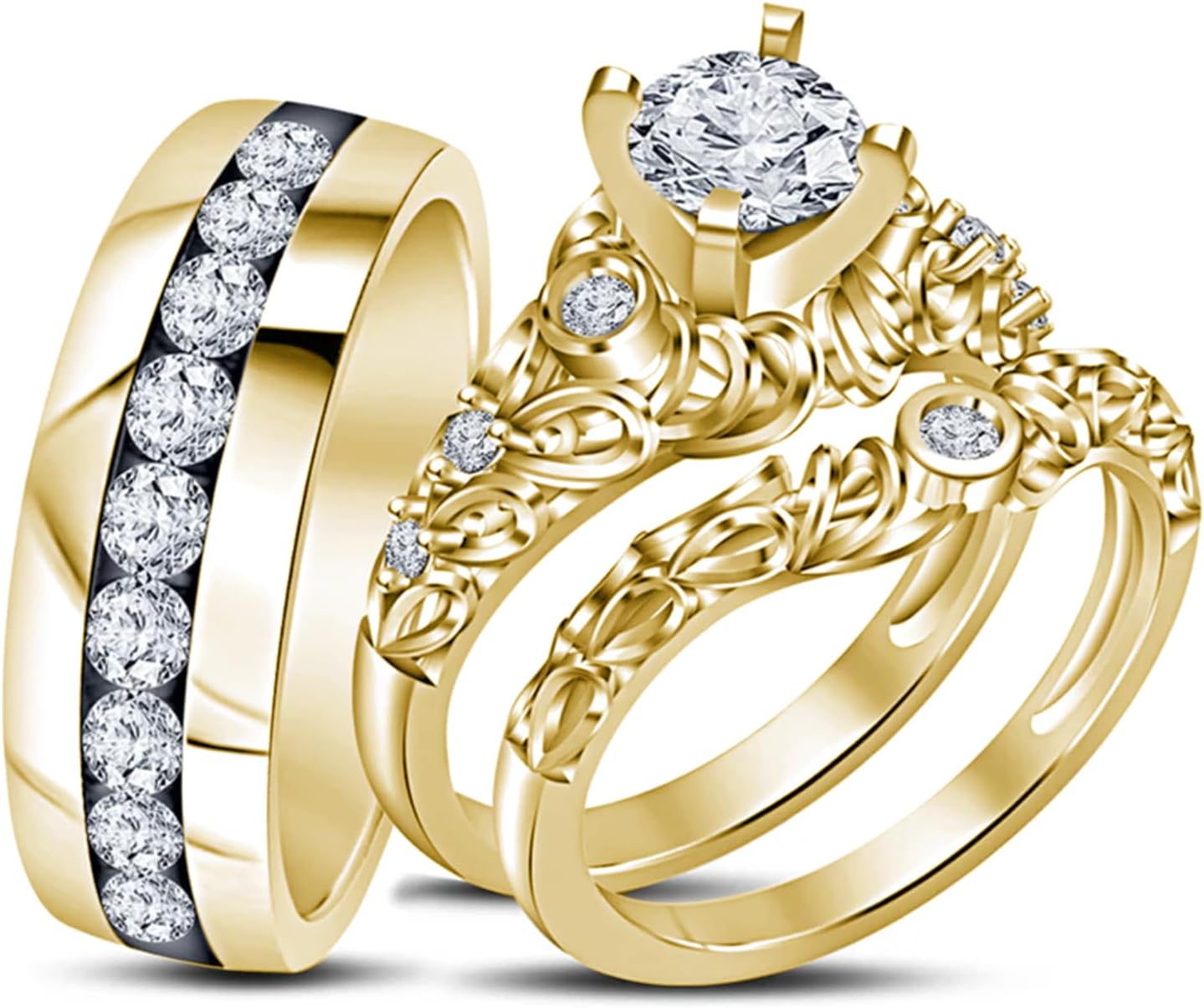 S925 10k/14k/18k Real Gold Moissanite Couple Ring Set for Her and Him, 1-3 Carat Moissanite Leaf Wedding Couple Band Set, D Color VVS1 Clarity, 3pc Anniversary Engagement Ring Set