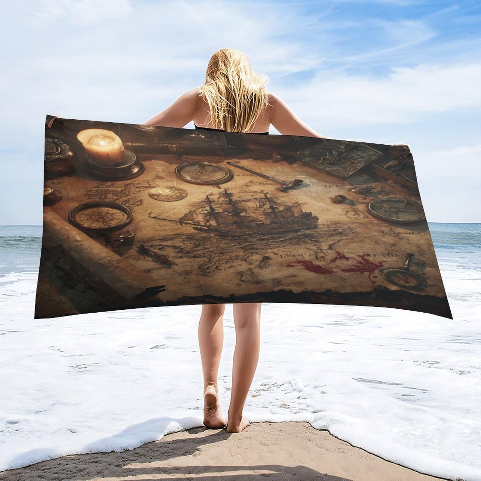 Luyysky Vintage Rustic Antique Map Absorbent Beach Towel, Retro Oil Painting Mid Century Nautical Map Sailing Ship Compass Outdoor Single-Sided Velvet Beach Towel-80 W Cm X 160" L Cm