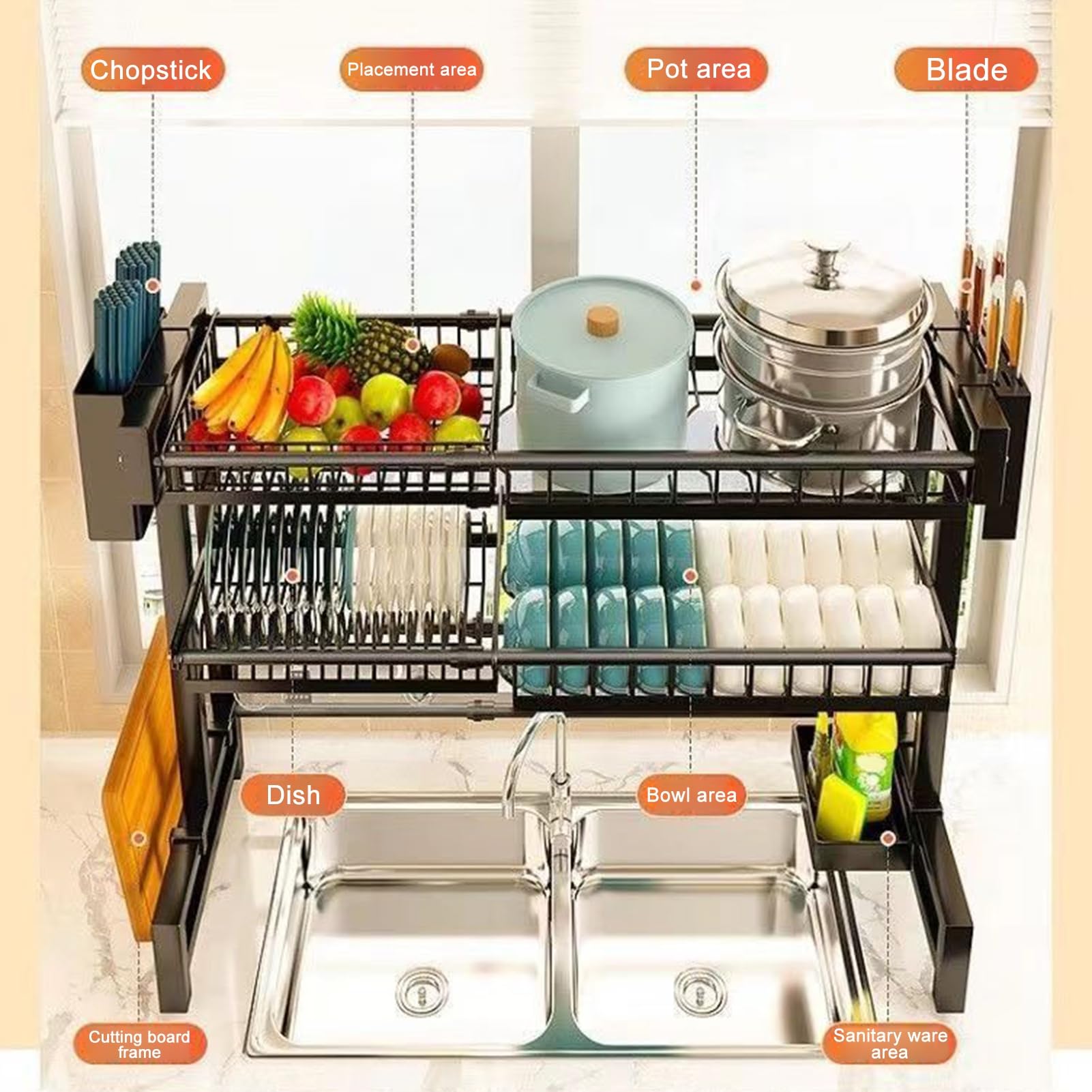 Escurridor de platos sobre el fregadero, escurridor de platos grandes, para fregaderos, estantes para fregaderos de cocina, estantes de secado para encimera de cocina, estante de 2 niveles