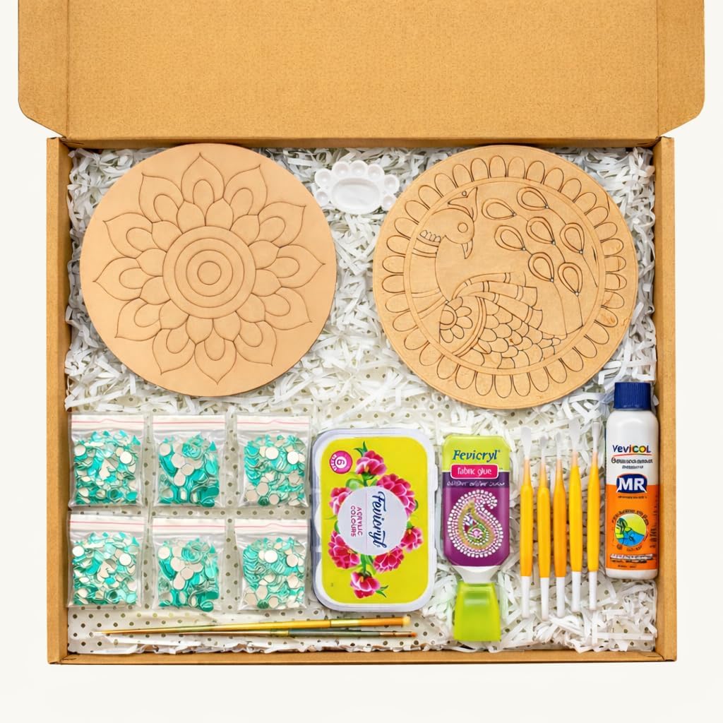 Decordial lippan Art Materials DIY kit with pre Marked 8" 1 PCS Flower Design 1 Round MDF Board and 1 Unfinished MDF Art Board, Art Mirror, lippan Art Painting Brush and Acrylic Colour Set of six
