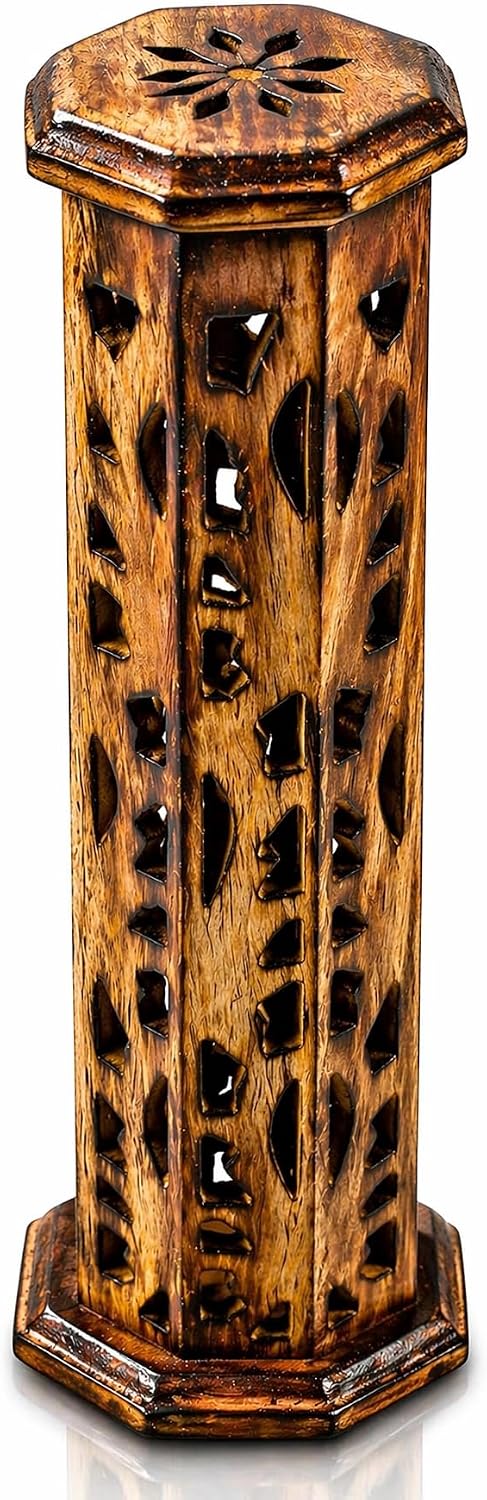 Wooden Incense Stick & Cone Burner Holder Tower Large Organic Eco Friendly Ash Catcher Agarbatti Holder Rustic Style Carved for Meditation Yoga Aromatherapy Home Fragrance Products