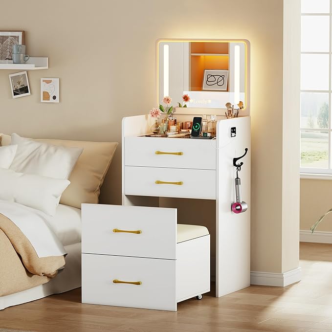 Lvifur 3 in 1 Vanity Desk with Flip Top Mirror and Lights,Glass Top Compact Vanity with 3 Drawers &Rolling Stool, Modern Small Makeup Vanity Table with Charging Station,Bedroom,White