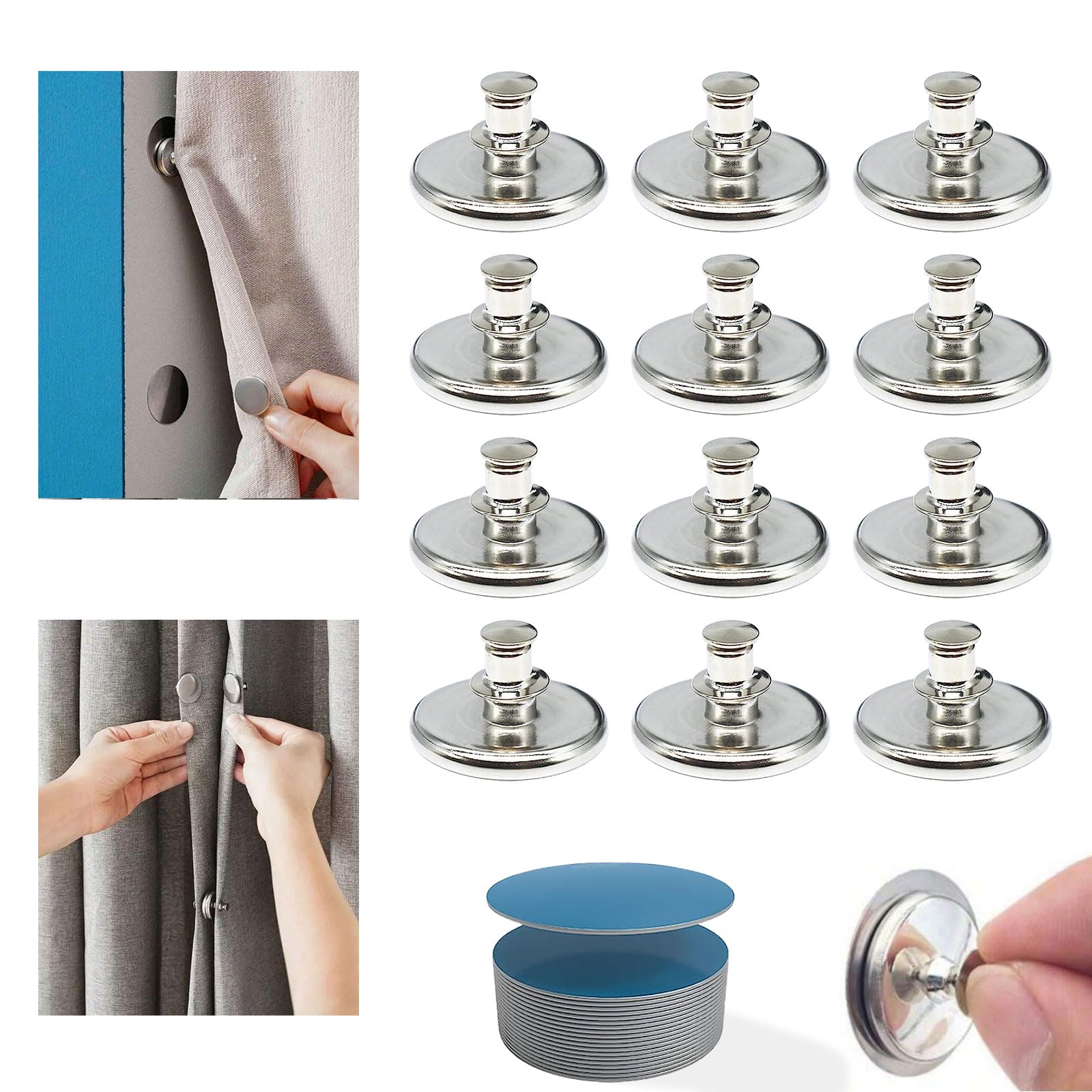 Photo 1 of Premium Curtain Magnets Closure - 12 Magnetic Curtain Clips with Patch, Strong Hold, Easy to Use, Light-Blocking, Versatile for Home, Office, Travel –Perfect for Curtains, Shower Liners, Tablecloths