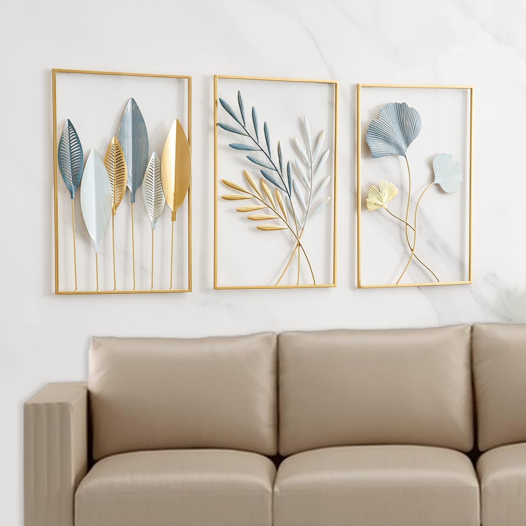 3PCS Gold Metal Wall Decor Leaf Wall Hanging Decoration, FJS Metal Wall Art Home Decor for Living Room Office Bedroom Hotel (Ginkgo Leaves&Palm Leaves&Pointed Banana Leaves)