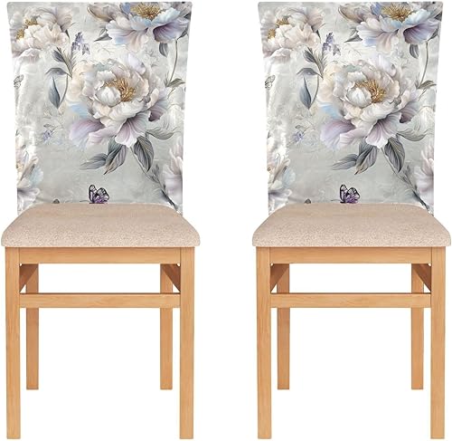 Miniatura 2 de Juego de 6 fundas decorativas para sillas de comedor con diseño de peonías plateadas para sillas de comedor, extraíbles con respaldo alto