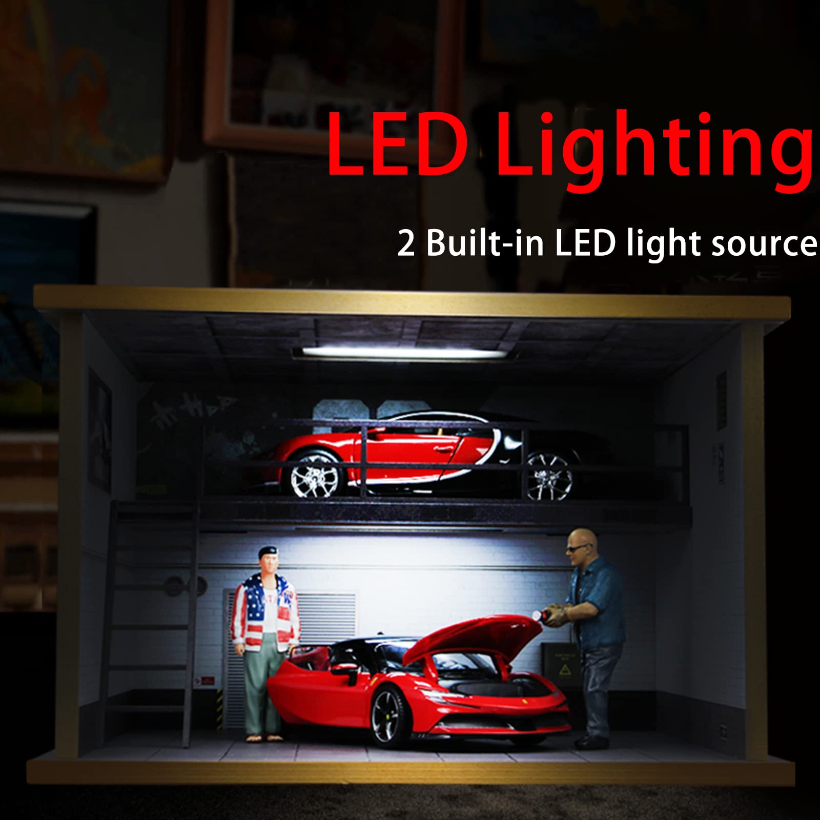Vitrine de voiture - 1:24 LED acrylique - Vitrine de garage - Rechargeable par USB - Avec lumières - Avec espace de stationnement pour collectionneurs de voitures