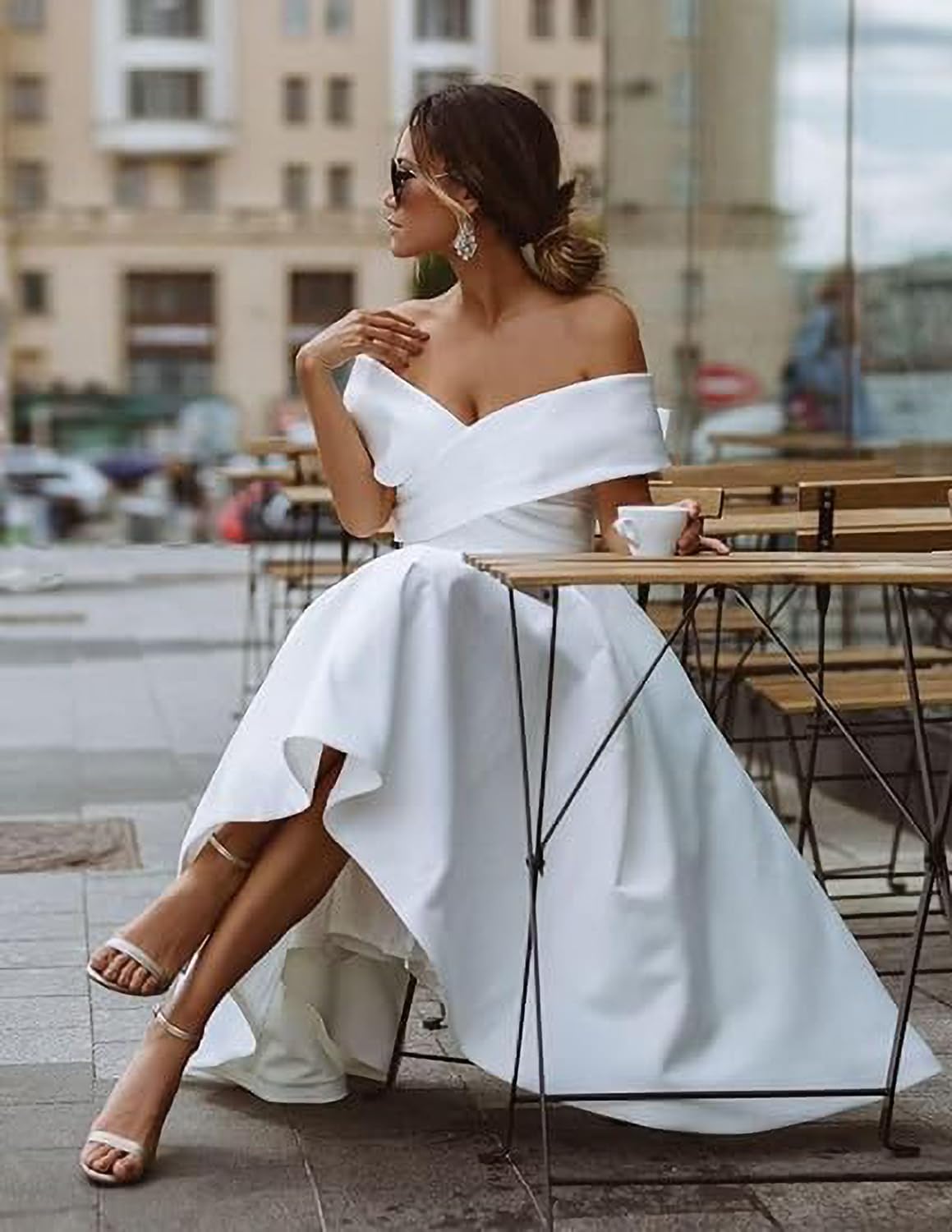 Women's Off The Shoulder Wedding Dresses for Bride Tea Length Satin A Line Bridal Dress