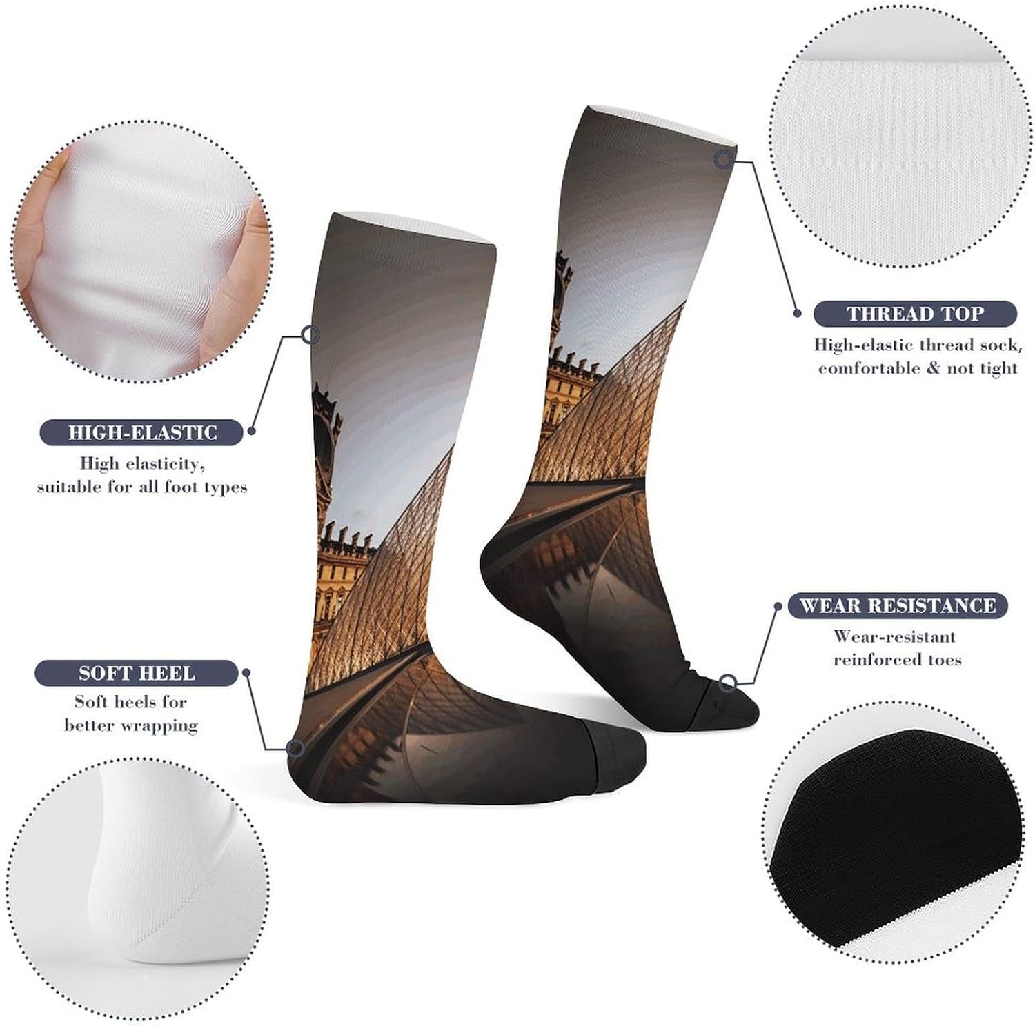 Louvre Museum in Paris Compression Socks for Men Women, Soft Breathable Knee High Socks Comfort Over The Calf Tube Sock