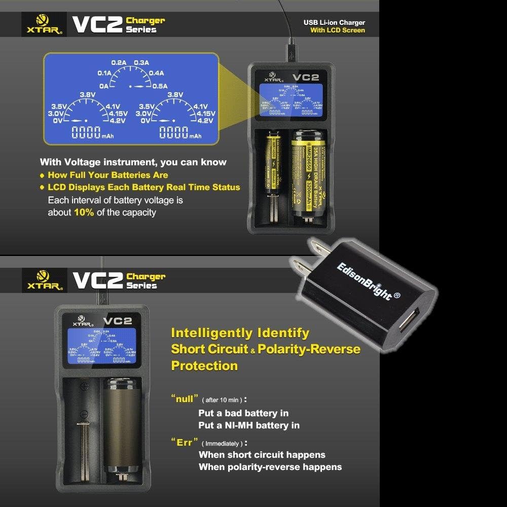 XTAR VC2 LCD display showing error messages and capacity detection