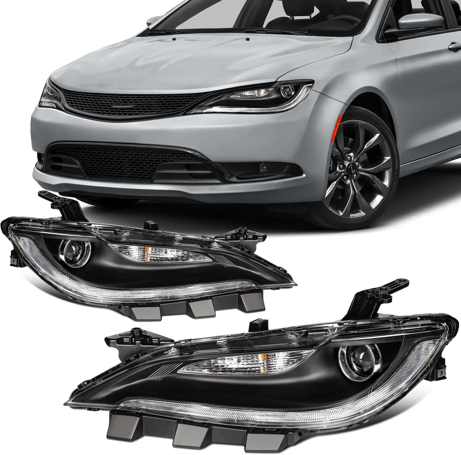 SCITOO Headlight Assembly Fit 2015-2017 for Chrysler 200 o Pair Headlamps Black Housing Clear Lens CH2502260(Bulbs Not Included)