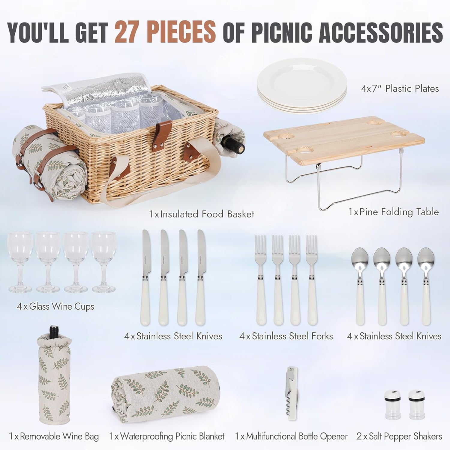 HappyPicnic Picnic Basket for 4, Handmade Wicker Picnic Set with Folding Table and Waterproof Blanket, Large Insulated Picnic Basket with Wine Bag & Cutlery Kit for Picnic, Camping, Holidays (Leaf)