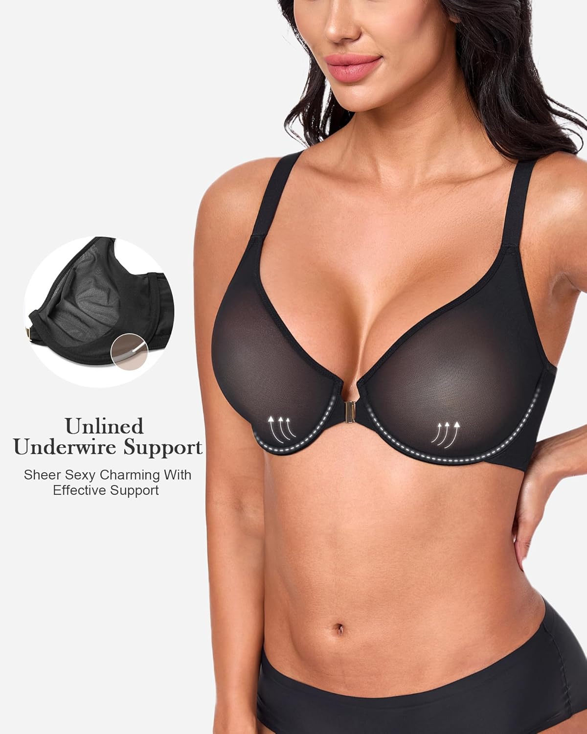 HACI Womens's Posture Bra Front Closure Deep V Unlined Mesh Sheer See Through Underwire Plus Size - Image 4